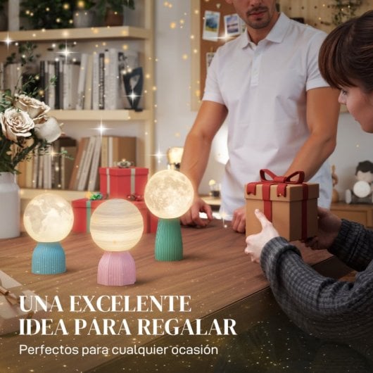 Homcom Juego De 3 Lámparas De Mesita De Noche 3d 3 Colores Blanco