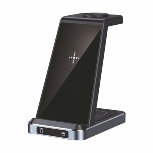 Base de carga inalámbrica 3 en 1 Qi Negra USB-C carga rápida 15W aluminio ABS