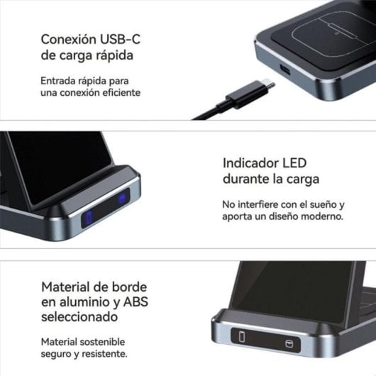 Base de carga inalámbrica 3 en 1 Qi Negra USB-C carga rápida 15W aluminio ABS