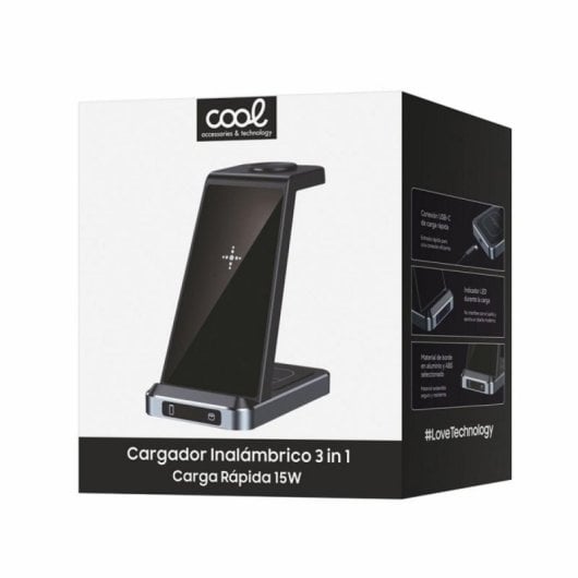 Base de carga inalámbrica 3 en 1 Qi Negra USB-C carga rápida 15W aluminio ABS