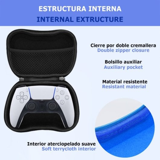 Custodia per controller PS5. Semirigida, con maniglia, interno morbido e vellutato e chiusura con cerniera.