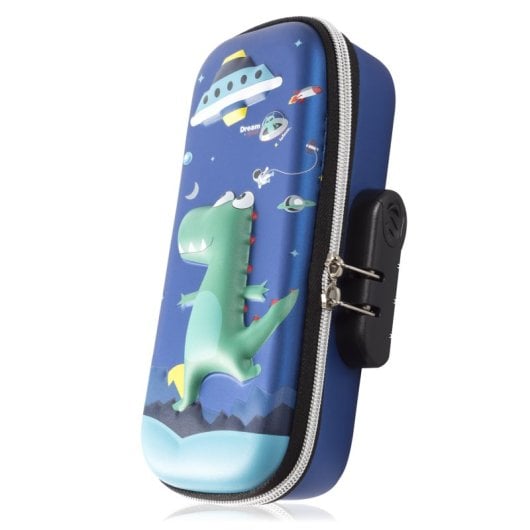 Estojo com design de dinossauro 3D. Fecho com cadeado de combinação de segurança.