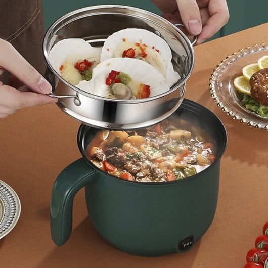 Pentola elettrica multifunzione: cuociriso, vaporiera, pentola. Esterno isolato termicamente, controllo della temperatura, fondo antiappannamento. Senza BPA, per uso alimentare.