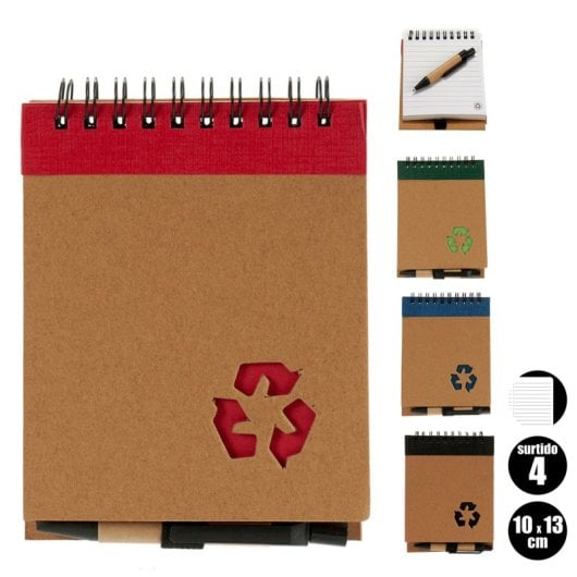 Lot de 4 cahiers en carton recyclé + stylo 10x13 cm. Assortiment de 4 motifs.