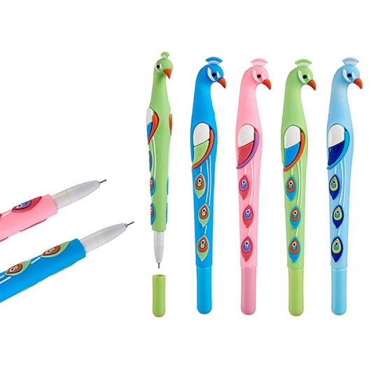Confezione da 4 penne a forma di pavone assortite