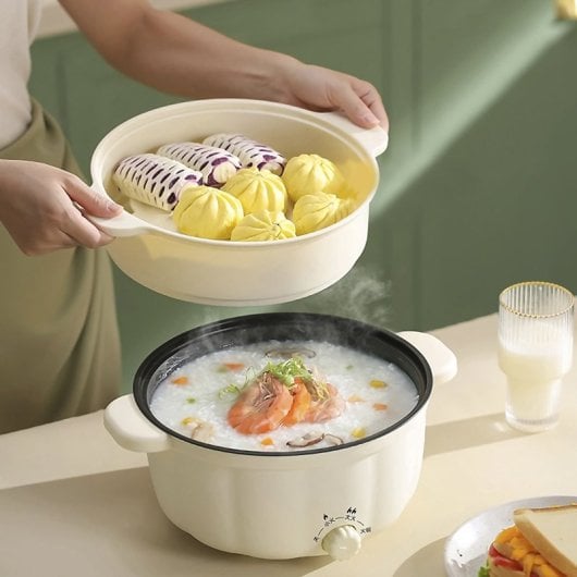 Multifunktionaler elektrischer Dampfgarer. Drei Temperatureinstellungen, 2,5 l Doppelebene. Eintopf, Pfannenrühren, Dämpfen usw.