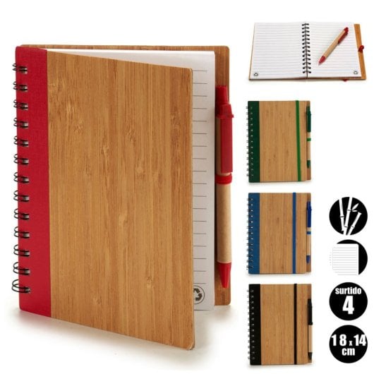 Pack 4 Libretas De Bambú Con Goma Y Boli 18x14. Surtido 4 Diseños.