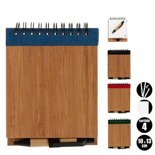 Confezione da 4 quaderni in bambù con gomma liscia e penna 10x13 cm, 4 colori assortiti.