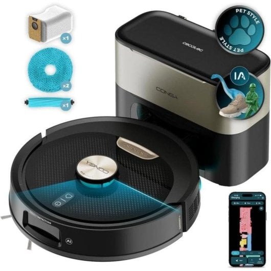 Robot Aspirador y Fregasuelos Cecotec Conga Y100 Spin AI con Autovaciado Navegación Láser 20.000 Pa Cepillo Silicona Mas