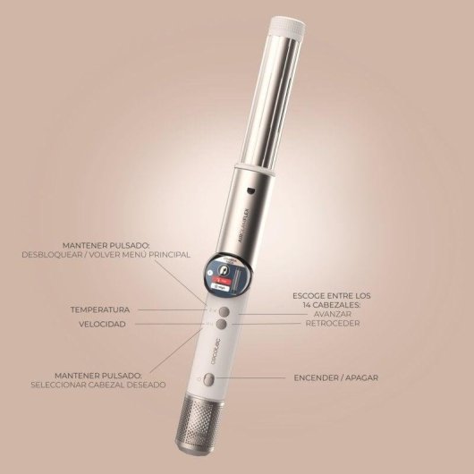 Cepillo moldeador Cecotec AirGlam 14in1 Flex Champagne 1400W con 14 accesorios y pantalla digital