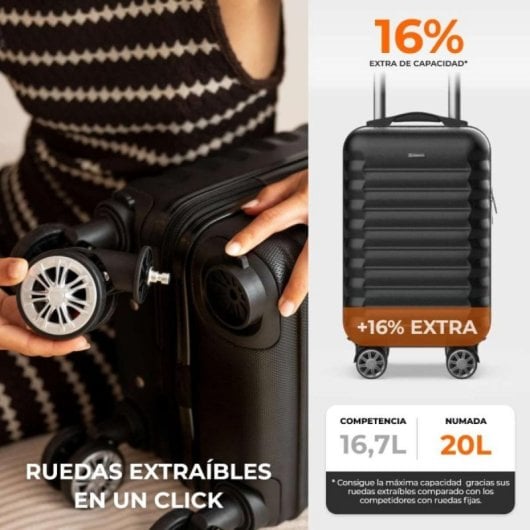 Maleta Cabina Numada ABS Reciclado 20L Ruedas 360º Extraíbles 40x25x20cm Ultraligera Negra