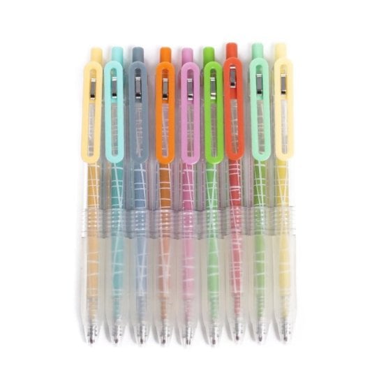Caneta gel retrátil set 9 cores ponta 0,5mm termoplástico clip superior
