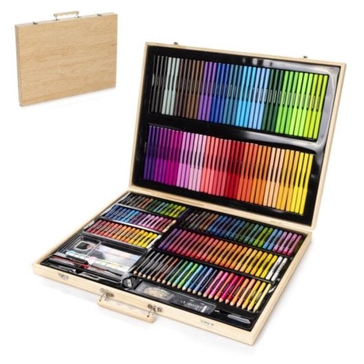 Mallette d'art en bois 180 pièces peinture huile aquarelle crayons accessoires