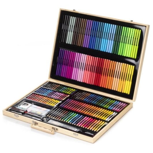 Mallette d'art en bois 180 pièces peinture huile aquarelle crayons accessoires