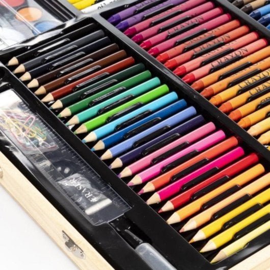 Mallette d'art en bois 180 pièces peinture huile aquarelle crayons accessoires