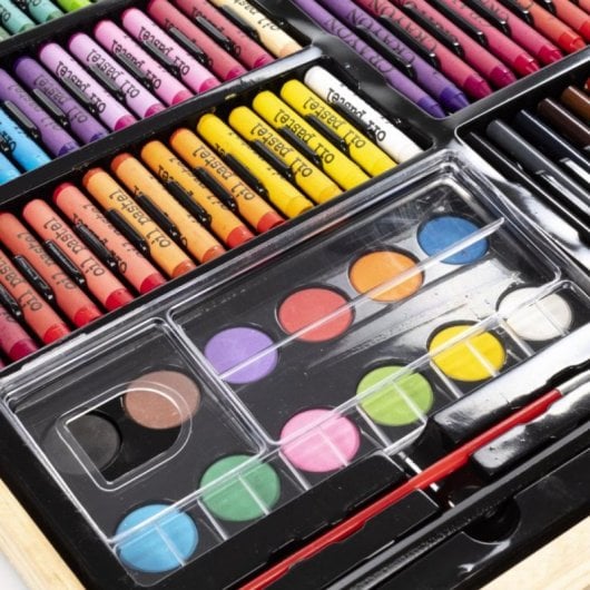 Mallette d'art en bois 180 pièces peinture huile aquarelle crayons accessoires