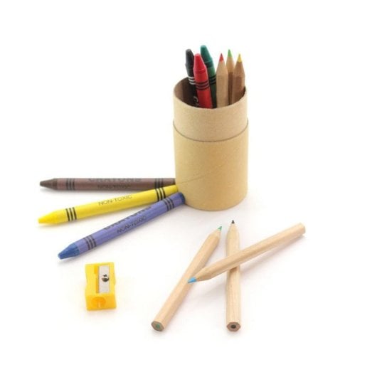 Conjunto Pixi 13 peças Escolar 6 lápis madeira 6 ceras coloridas + afiador