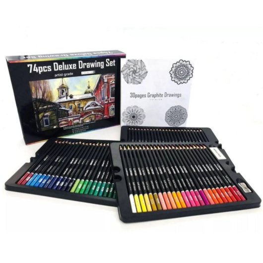 Set de crayons de couleur Deluxe Drawing avec 74 pièces, boîte en métal et accessoires