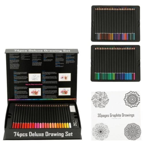 Set de crayons de couleur Deluxe Drawing avec 74 pièces, boîte en métal et accessoires