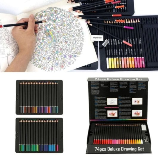 Set de crayons de couleur Deluxe Drawing avec 74 pièces, boîte en métal et accessoires
