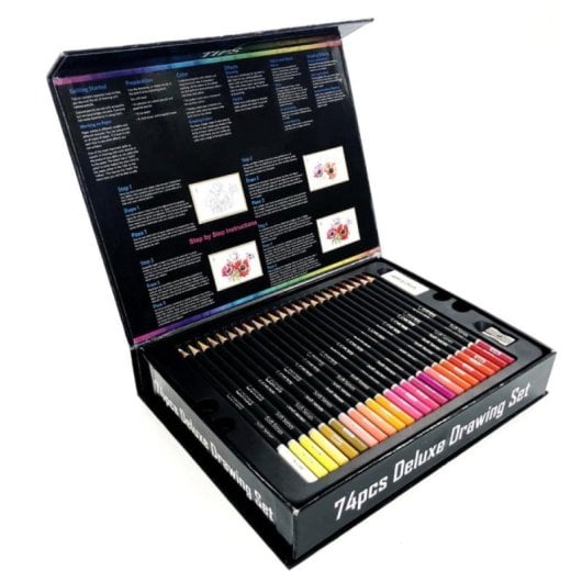 Set de crayons de couleur Deluxe Drawing avec 74 pièces, boîte en métal et accessoires