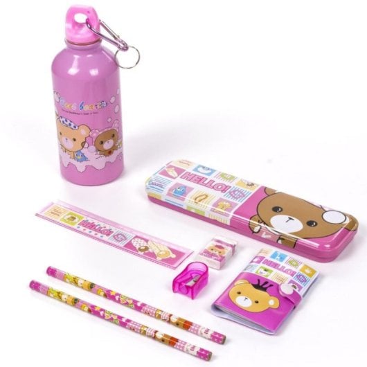 Set de papeterie avec trousse en métal, accessoires d écriture et gourde en métal