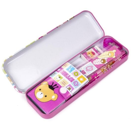 Set de papeterie avec trousse en métal, accessoires d écriture et gourde en métal