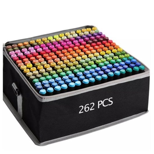 Conjunto de 262 marcadores duplo ponta estojo poliéster cores variadas