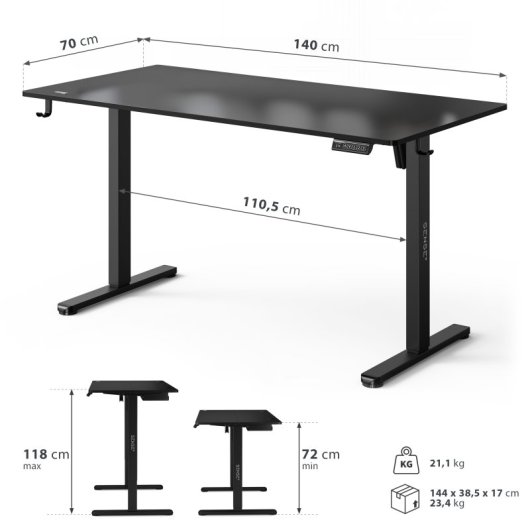 Escritorio SENSE7 NOJO Light 140x70 cm ajuste eléctrico altura carga 70 kg negro/madera/hormigón/gris