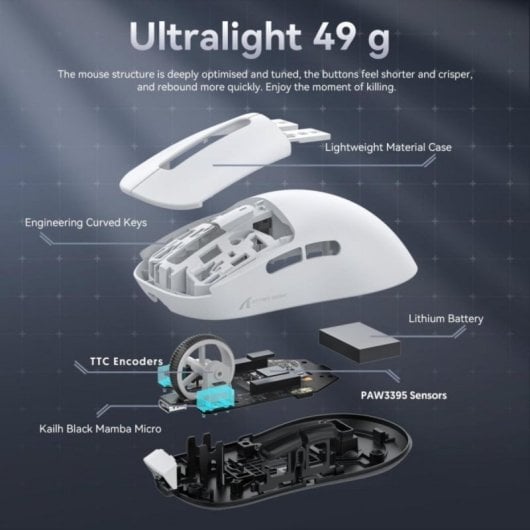 Ratón gaming X3 ultraligero 49 g sensor PixArt 3395 26000 DPI 200 h batería