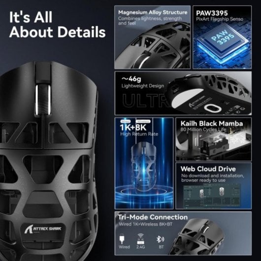Ratón Gaming R3 Magnesio Inalámbrico 8000 Hz Sensor PixArt 3395 26 000 DPI 46 g