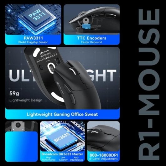 Ratón Gaming R1 Ultraligero 59 g Sensor PixArt 3311 18000 DPI 3 Modos Conexión