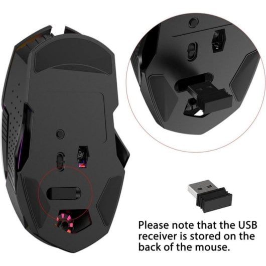 Ratón inalámbrico gaming RGB 2.4G, sensor óptico 2400 DPI, batería 600 mAh, 7 botones, cuerpo metálico