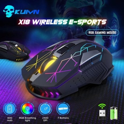 Ratón inalámbrico gaming RGB 2.4G, sensor óptico 2400 DPI, batería 600 mAh, 7 botones, cuerpo metálico