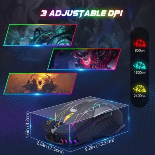 Ratón inalámbrico gaming RGB 2.4G, sensor óptico 2400 DPI, batería 600 mAh, 7 botones, cuerpo metálico