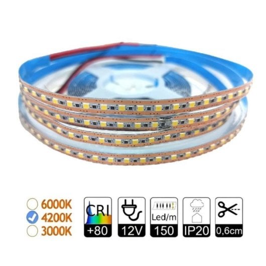 Tira LED SMD2025 12VDC Blanco Neutro 4200K 12W/m 5m 150 Leds/m IP20 Corte 0,6 cm