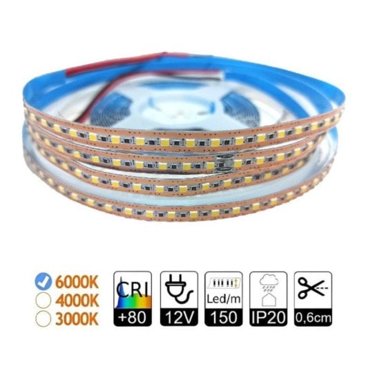 Tira LED SMD2025 12VDC 6000K Blanco frío 12W/m 150 LED/m 5 m IP20 CRI+80