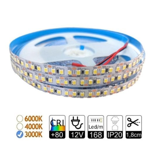 Tira LED SMD2835 12VDC 14.4W/m 3000K 5 metros 168 LEDs/m PCB 8mm CRI 80+