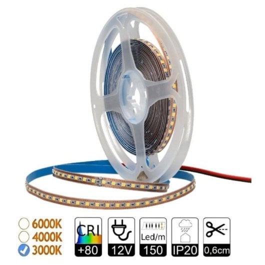 Tira LED SMD2025 Blanco cálido 12VDC 12W/m 1200lm/m 150 LEDs/m IP20 5m