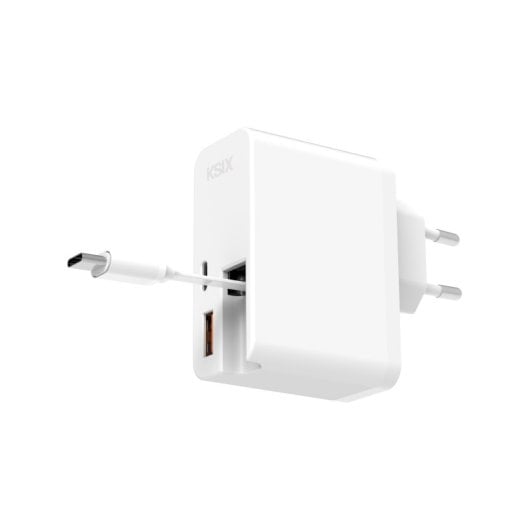 Carregador ultrarrápido Ksix 65 W com USB-C Power Delivery, carregamento rápido USB-A e cabo USB-C retrátil integrado