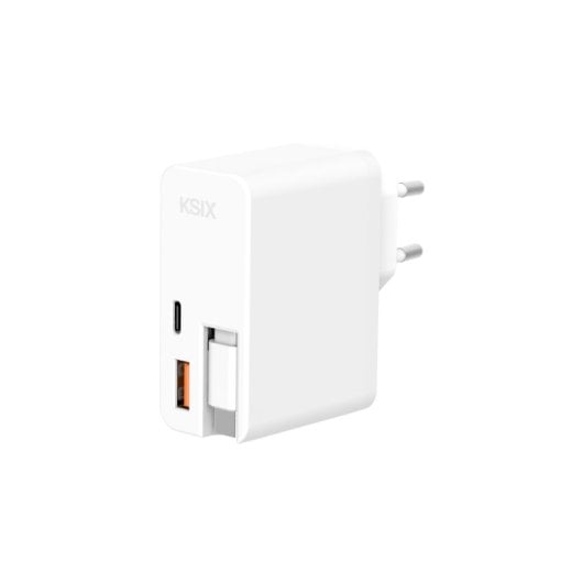 Carregador ultrarrápido Ksix 65 W com USB-C Power Delivery, carregamento rápido USB-A e cabo USB-C retrátil integrado