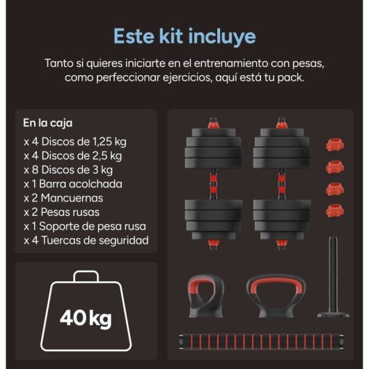 Ksix 40 Kg Kit De Pesos, Halteres, Discos Pesos, Barra, Peso Russo, Preto