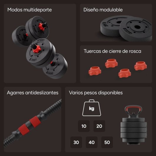 Ksix 10 Kg Kit De Pesas, Mancuernas, Discos Pesas, Barra, Pesa Rusa, Negro