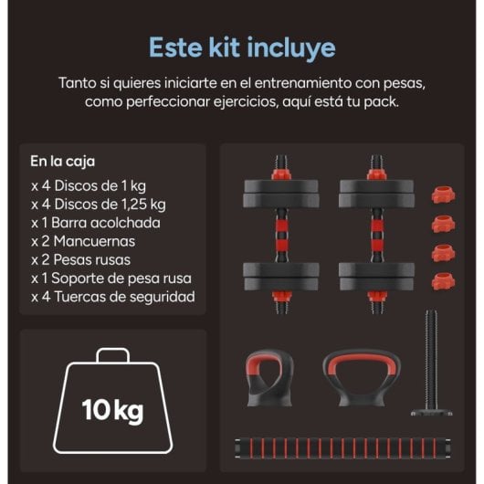 Ksix 10 Kg Kit De Pesas, Mancuernas, Discos Pesas, Barra, Pesa Rusa, Negro