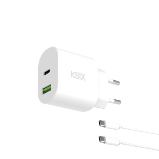 Caricabatterie di rete Ksix da 20 W, Power Delivery, ricarica rapida, Gan, USB-C + USB-A, cavo da USB-C a USB-C da 1 m, bianco