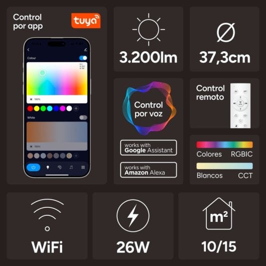 Ksix Halo 2 Plafón Smartled, Rgbic + Cct, Ø37 Cm, 3.200 Lm, 240 Leds, 26 W, App Tuya Smart, Blanco