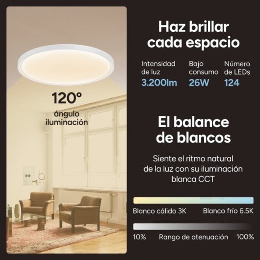 Ksix Halo 2 Plafón Smartled, Rgbic + Cct, Ø37 Cm, 3.200 Lm, 240 Leds, 26 W, App Tuya Smart, Blanco