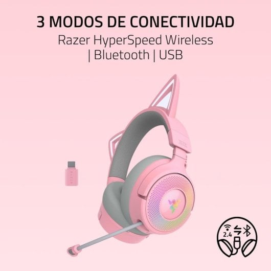 Razer Kraken Kitty V3 Pro Headset Gaming Sem Fios HyperSpeed e Bluetooth com Orelhas e RGB Quartz