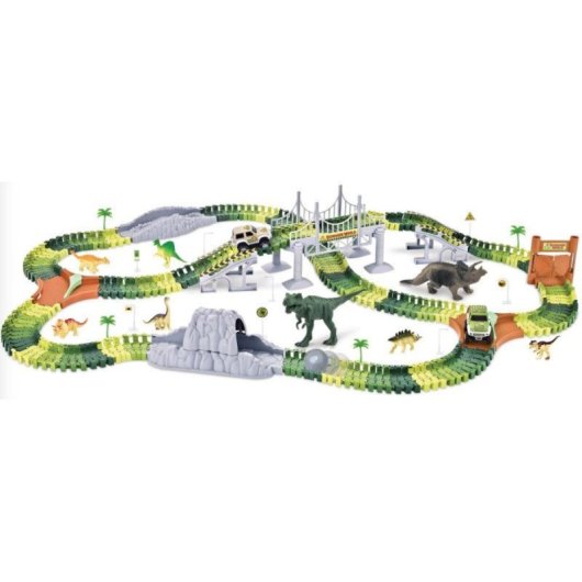 Flexibles Dinosaurier-Rennautobahn Set 240 Teile mit Brücke Tunnel Zubehör