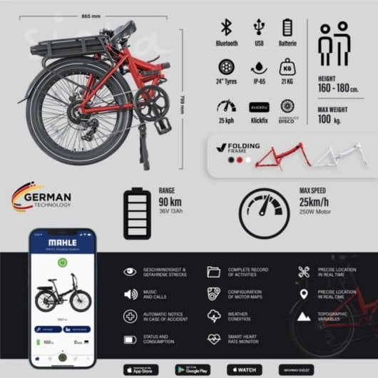 Bicicleta Elétrica Legend Siena 24" dobrável bateria 13 Ah travões hidráulicos vermelho